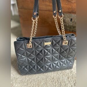Kate Spade New York Natalia Tote Leather Handbag Black Quilted Silver Chain